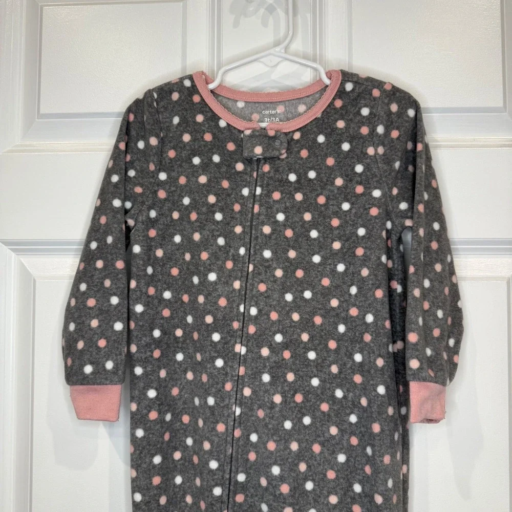 Carters Gray Pink White Polka Dot Fleece Footie Pajamas Sleepsuit Kids Size‎ 3T
